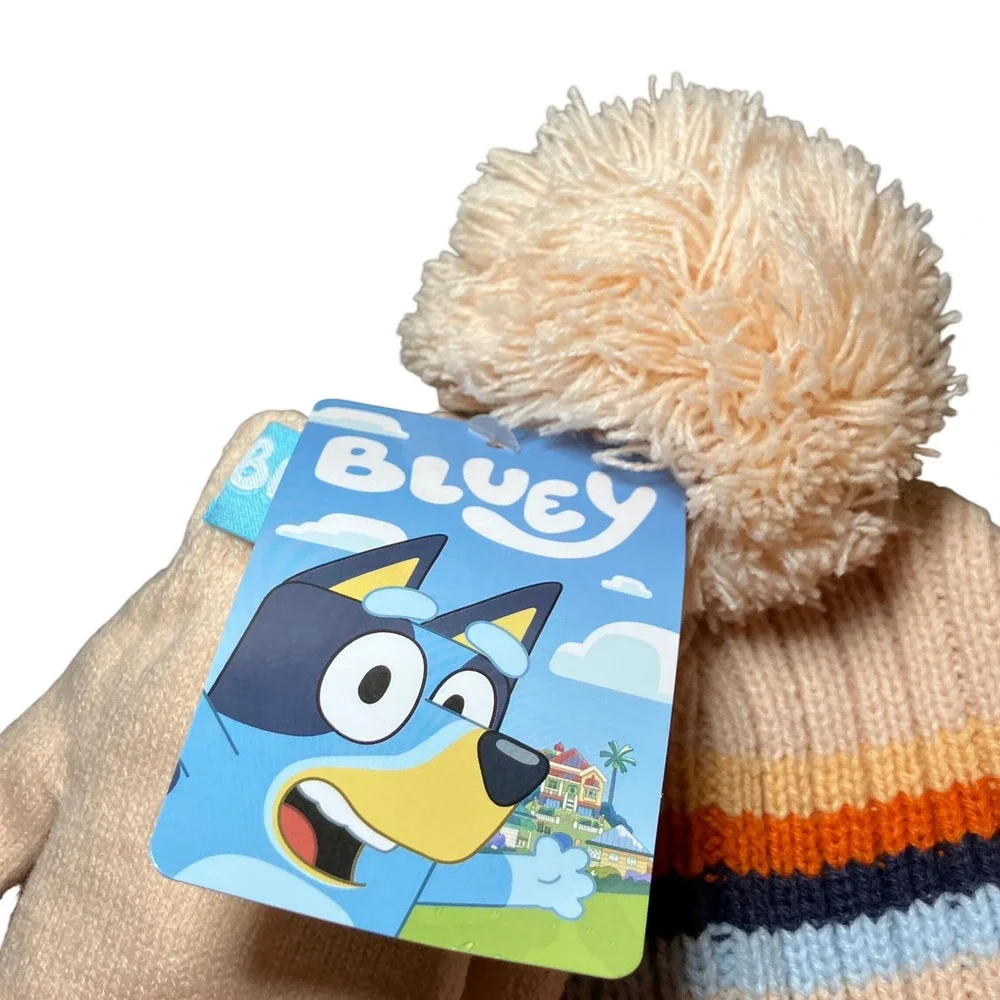 Bluey Knit Beanie Set Kids One Size Off White NEW Pom Hat Mittens Striped 2pc
